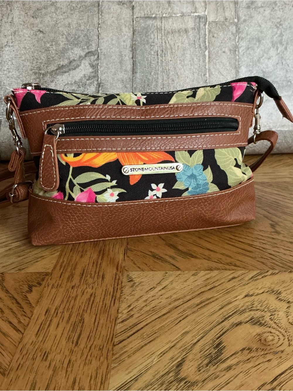 Stone Mountain USA Crossbody Bag Floral Black Multicolor Brown Faux Leather